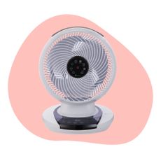 Meaco 1056 Air Circulator on white and pink illustrated Ideal Home style background