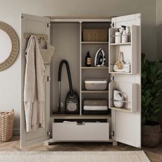 Beige Olney Utility Cabinet with the cupboard doors open, showing shelves and drawers inside