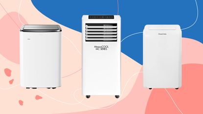 A set of three of the best portable air conditioners as tested by the Ideal Home team on a pink and blue background