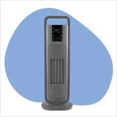 A cut out of the Morphy Richards HeatFlux Ultra Thin Ceramic Tower Heater on a blue and white background