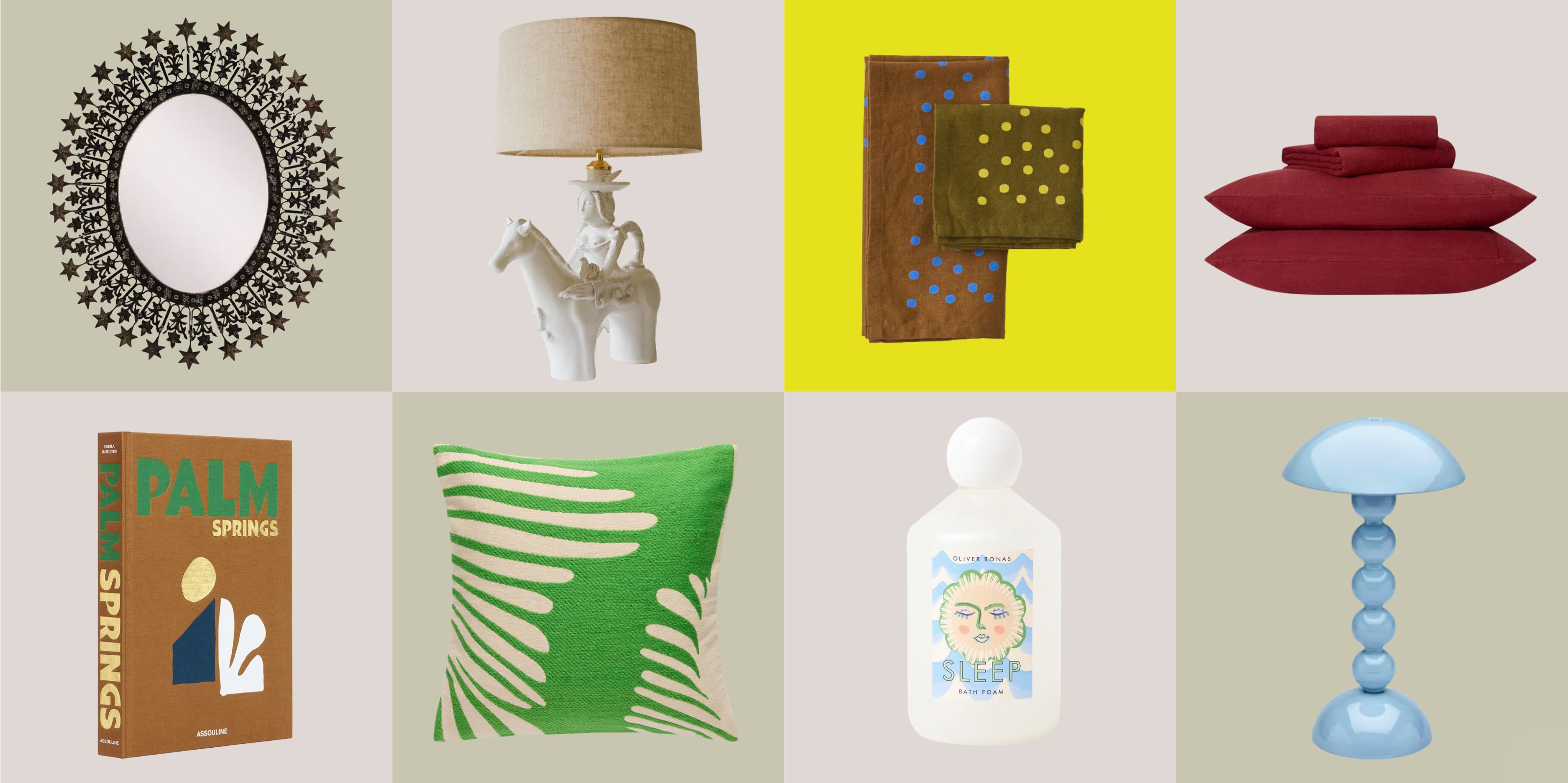 collage of homewares include mirror, palm spring coffee table book, table lamp in shape of horse, green patterned cushion, oliver bonas bath soak, polka dot napkins, addison ross bobbin lamp, and red bedding