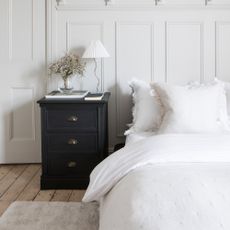 A white bedroom with panelled walls and white bedding