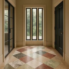 Chat GPT rendering of hallway with chequered marble floor