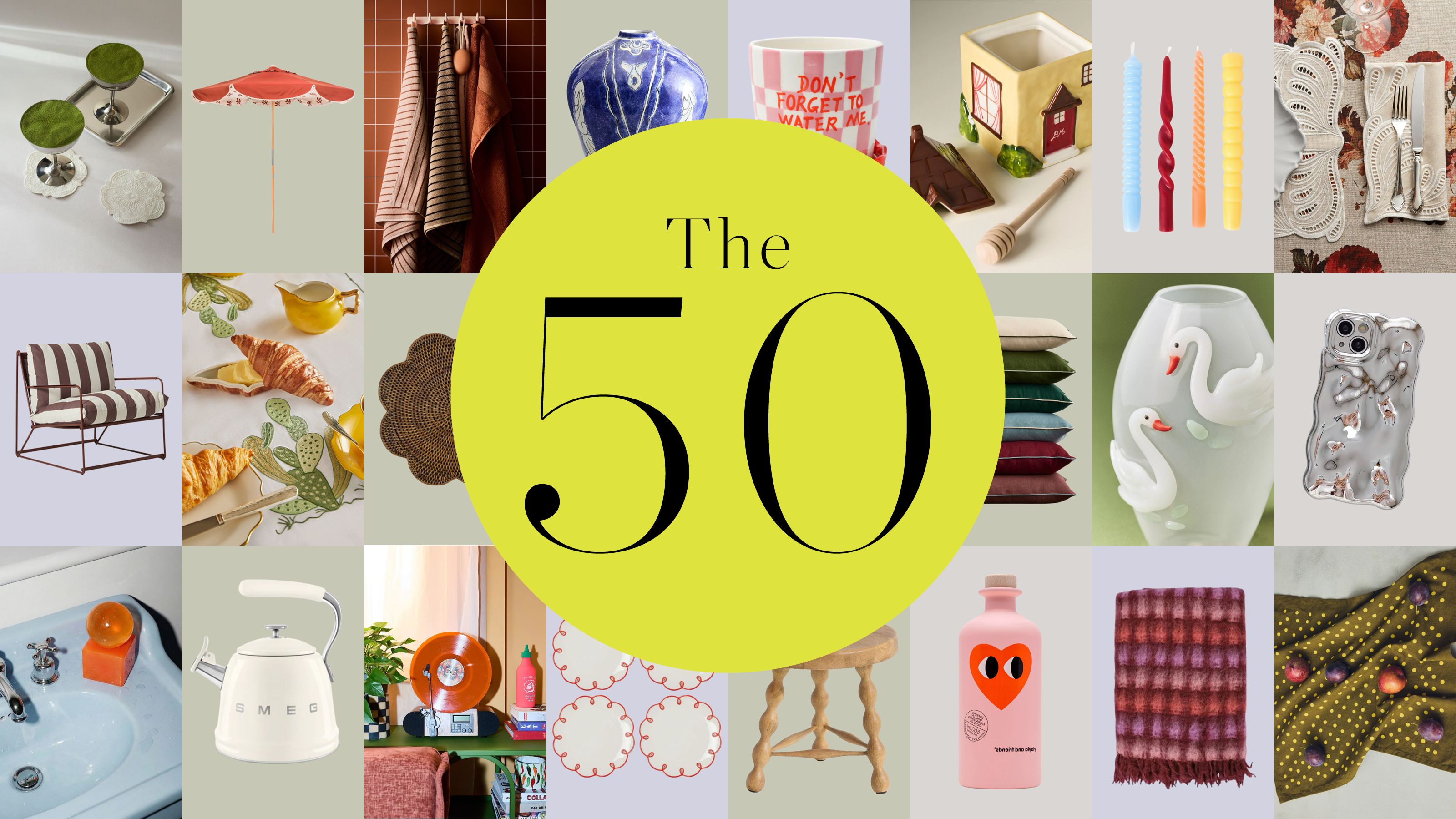 collage of spring-themed homewares with a large yellow circle with the text 'the 50' in it