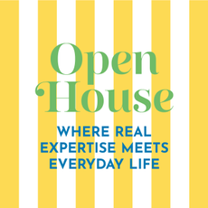 Ideal Home Open House badge on yellow and white stripes